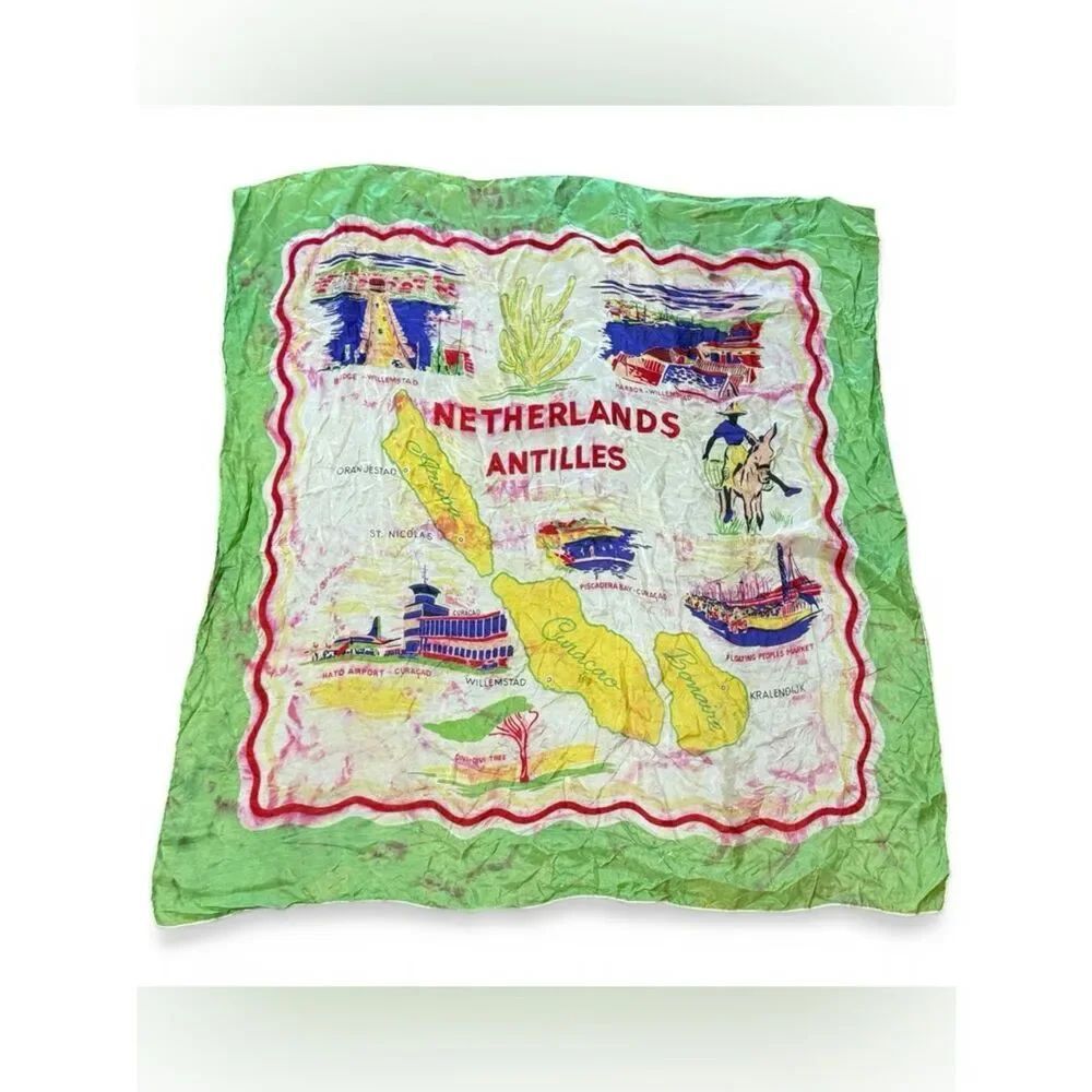 Vintage Netherlands Antilles Souvenir Scarf Featuring Maps Landmarks Green